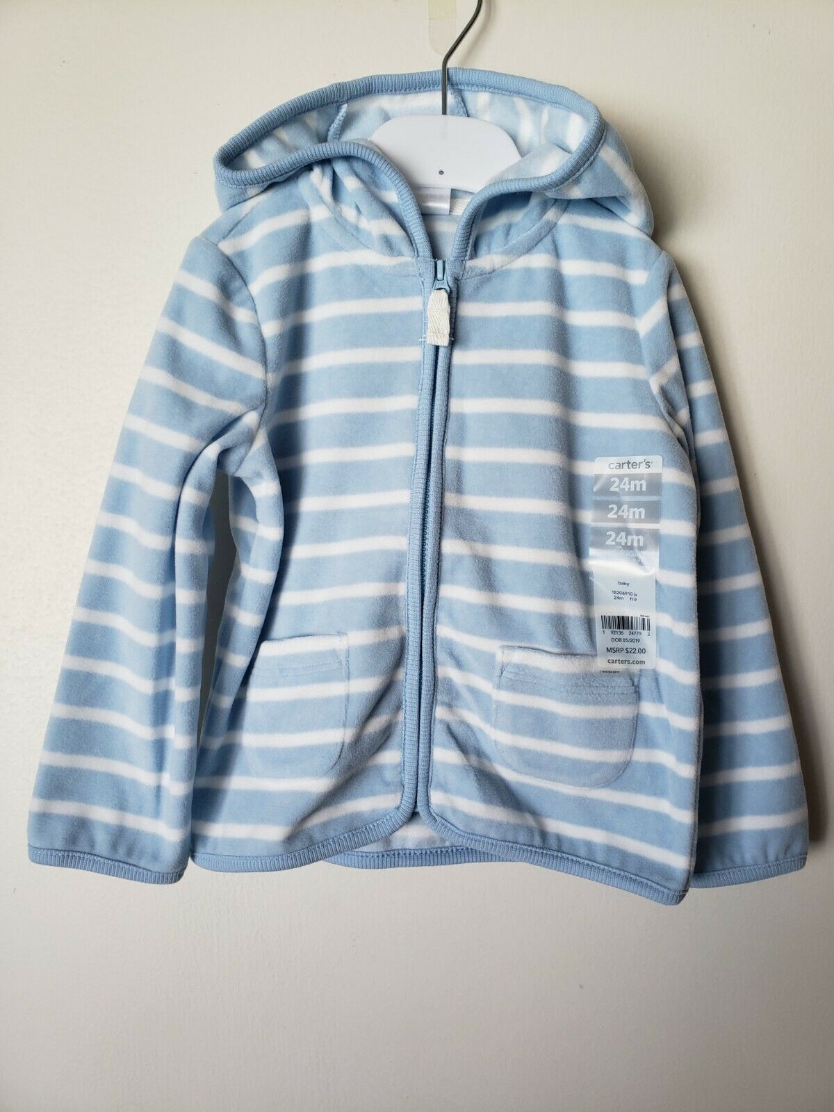 Carter's Baby Boy 24 Months Fleece Zip Up Hooded Sweater Nwt Blue White Striped